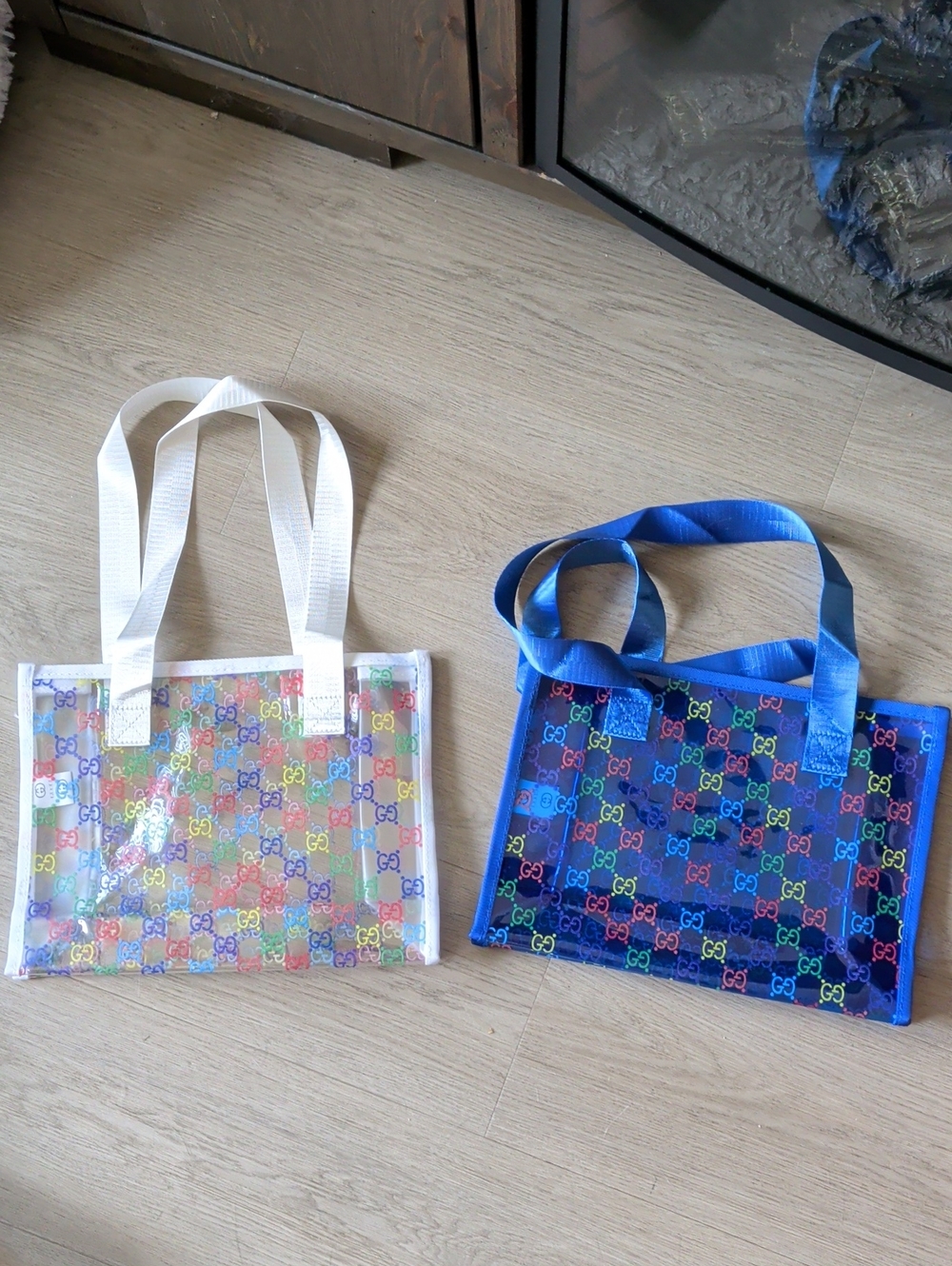 BRAND NEW Clear Multicolor and Blue Tote Bags with White and Blue Straps Bundle